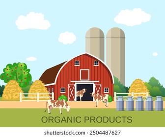 Colorida vida de granja de leche con economía natural. Granja plana paisaje. Concepto de alimentos orgánicos para cualquier diseño, Web, aplicación agrícola