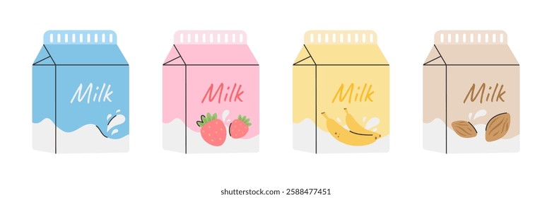 Colorful milk pack set. Strawberry, banana, almond and classic in pastel colors. Vector illustrator isolated