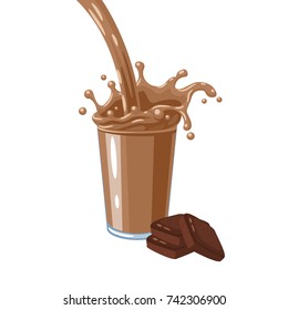 Colorful milkshake design. Choco milky flow and splash in full glass of chocolate milk shake. Vector illustration cartoon flat icon isolated on white.