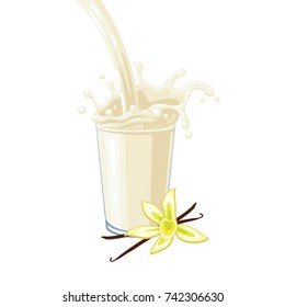 Colorful milkshake design. White milky flow and splash in full glass of vanilla milk shake. Vector illustration cartoon flat icon isolated on white.