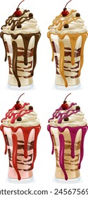 Colorful milkshakes with toppings and cherries.