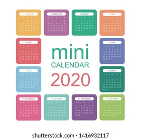 Colorful mini calendar Layout for 2020 years. Week starts from Sunday.