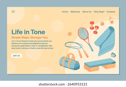 Colorful minimal fitness equipment banner design. Includes yoga gear, racket, and workout tools for dynamic activities. Perfect for gym backgrounds, promoting health, sport, and fitness lifestyle