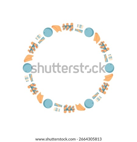 Colorful minimal flat circle frame with vibrant ornament. Round border with unique decoration and seamless pattern. Perfect for gym themes, fitness equipment designs, and workout banners.
