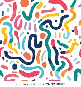 Colorful minimal line doodle seamless pattern. Creative minimalist style. Abstract texture design cute trendy modern with basic shapes. Simple kawaii doodle art for print birthday wrapping paper.