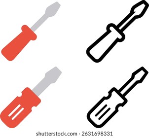 Vetor de ferramentas de reparo colorido e mínimo. Símbolos de Toolkit de Parafusos de Arte de Linha Vermelha e Preta para Design de Interface do Usuário, Aplicativos de Construção, Interfaces de Hardware e Infográficos