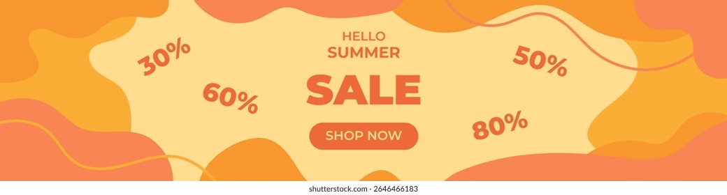 Banner promocional de verão colorido e mínimo com formas divertidas e cores quentes. Excelente para anúncios de e-commerce e anúncios de desconto de verão