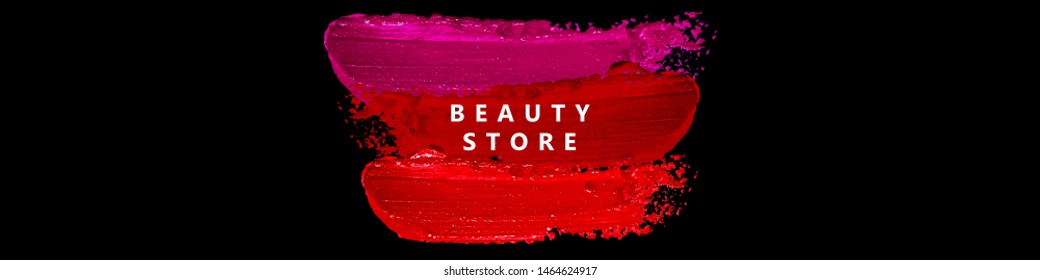 Colorful minimalist banner for beauty store. Advertising poster template for online shop. Realistic red, pink lipstick smears isolated on black background. Vector illustration.