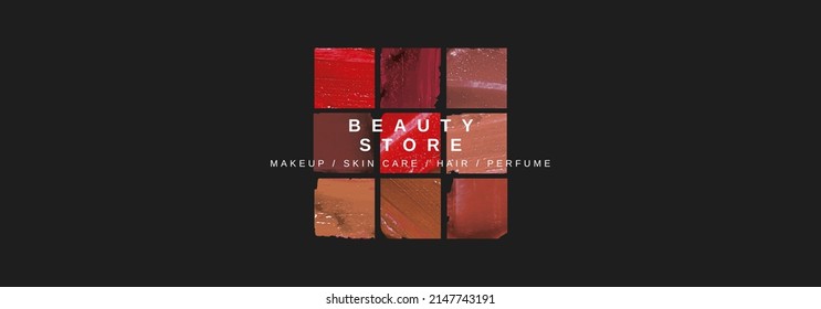 Colorful Minimalist Banner For Online Beauty Store. Advertising Poster Template For Makeup Artist. Lipstick Swatches Pattern In Warm Colors Isolated On Dark Background. Vector Illustration.