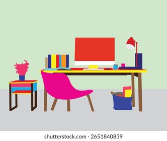 Colorful minimalist home workspace vector illustration featuring a sleek desk setup with a computer, modern furniture, indoor plants, and vibrant decor elements. 