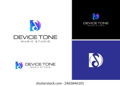 Colorful minimalist letter D with musical elements. Abstract musical note symbol in negative space for music studio or musical instrument shop logo design template