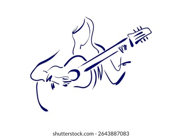 ilustração colorida da arte da linha minimalista representando uma pessoa com cabelo fluindo tocando um violão