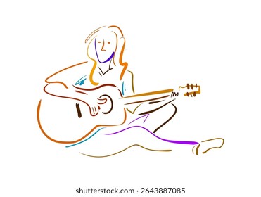 ilustração colorida da arte da linha minimalista representando uma pessoa com cabelo fluindo tocando um violão