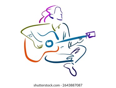 ilustração colorida da arte da linha minimalista representando uma pessoa com cabelo fluindo tocando um violão