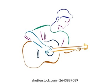 colorful minimalist line art illustration depicting a person with flowing hair playing an acoustic guitar