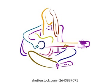 ilustração colorida da arte da linha minimalista representando uma pessoa com cabelo fluindo tocando um violão
