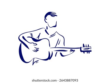 ilustração colorida da arte da linha minimalista representando uma pessoa com cabelo fluindo tocando um violão