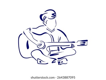 ilustração colorida da arte da linha minimalista representando uma pessoa com cabelo fluindo tocando um violão