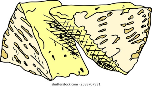Un dibujo colorido y minimalista de dos cuñas triangulares de queso Camembert sobre un fondo blanco, que captura una sensación gourmet y artesanal.
