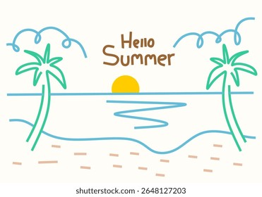 colorful minimalist summer illustrations featuring sunsets, palm trees