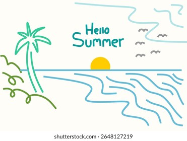 colorful minimalist summer illustrations featuring sunsets, palm trees