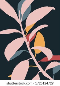 Colorful minimalist vector illustration with leaves. Pink, blue, yellow and red  leaves on dark background. Ficus. Foliage, nature. For cards, posters, stationery, as background or template. 