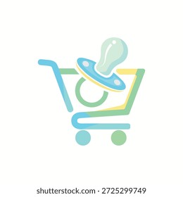 Un logo de Vector colorido y minimalista con un Carrito de compras integrado con un ícono de chupete para bebé (chupete). Diseñada con una paleta pastel suave de azul, verde y amarillo, esta ilustración representa perfectamente la venta al por menor de productos para bebés, tiendas infantiles en línea, compras de maternidad y la marca de tiendas de juguetes.