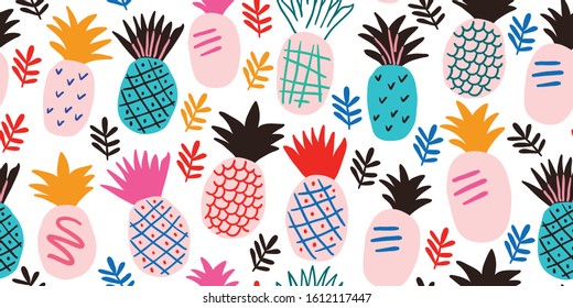 Colorful minimalistic abstract pineapples and leaves seamless pattern. Stylish tropical doodle vector pattern. Kids pattern in scandinavian style