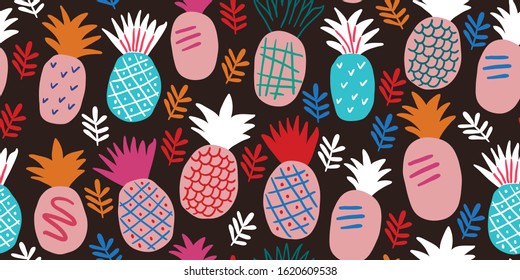 Colorful minimalistic abstract pineapples and leaves seamless pattern. Stylish tropical doodle vector pattern. Kids pattern in scandinavian style