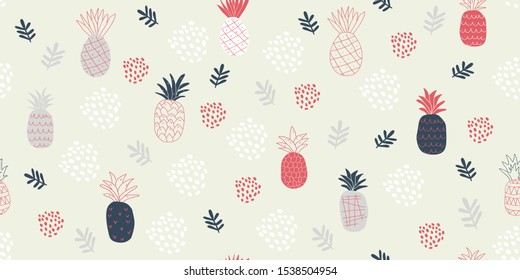 Colorful minimalistic abstract pineapples seamless pattern. Stylish tropical doodle vector pattern. Kids pattern in scandinavian style