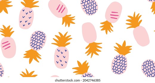 Colorful minimalistic abstract pineapples seamless pattern. Stylish tropical doodle vector pattern. Kids pattern in scandinavian style