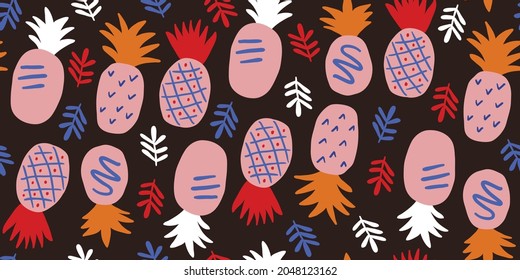 Colorful minimalistic abstract pineapples seamless pattern on dark background. Stylish tropical doodle vector pattern. Kids pattern in scandinavian style