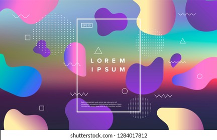 Colorful minimalistic geometric background with composition of fluid shapes in neon trendy pastel colors: electric pink, bright blue, cyan, magenta, Memphis aesthetics, retrofuturistic eclectic style.