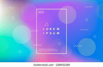 Colorful minimalistic geometric background with composition of fluid shapes in neon trendy pastel colors: electric pink, bright blue, cyan, magenta, Memphis aesthetics, retrofuturistic eclectic style.