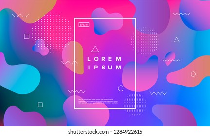 Colorful minimalistic geometric background with composition of fluid shapes in neon trendy pastel colors: electric pink, bright blue, cyan, magenta, Memphis aesthetics, retrofuturistic eclectic style.