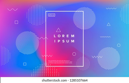 Colorful minimalistic geometric background with composition of fluid shapes in neon trendy pastel colors: electric pink, bright blue, cyan, magenta, Memphis aesthetics, retrofuturistic eclectic style.