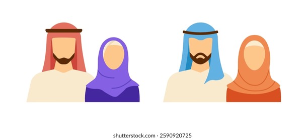 A colorful minimalistic logo of a Muslim family, showcasing a husband and wife in traditional Arabian dress with hijab, symbolizing faith and cultural unity.