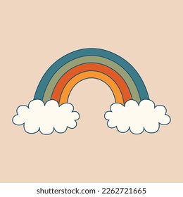 Colorful minimalistic rainbow with cloud. Retro, psychedelic clip art. Hippie groovy illustration in flat style. 60's, 70's concept for card, sticker, merch.