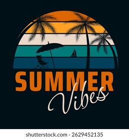 colorful minimalistic summer design with palm silhouettes and beach chair
