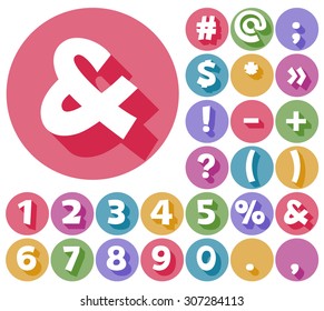 Colorful minimalistic vector alphabet in cartoon style. Numbers and symbols