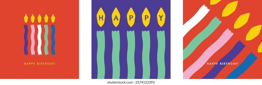 Colorful Minimalistic Vector Designs for Birthday Celebrations with Candles – 3 Unique and Vibrant Designs Perfect for Cards and Posts