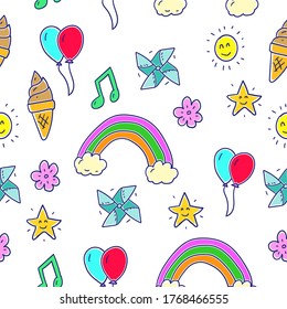 Colorful miscellaneous doodle pattern with fun theme suitable for kids background 