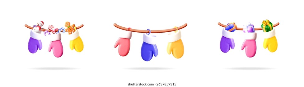 Colorful mittens hanging on a branch in 3d vector illustration. Winter clothes collection for Christmas and New Year holiday celebration.