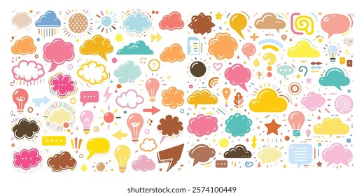 A Colorful Mix of Speech Bubbles, Clouds, Light Bulbs, and Icons in a Playful and Abstract Vector Illustration for Creative Design Projects