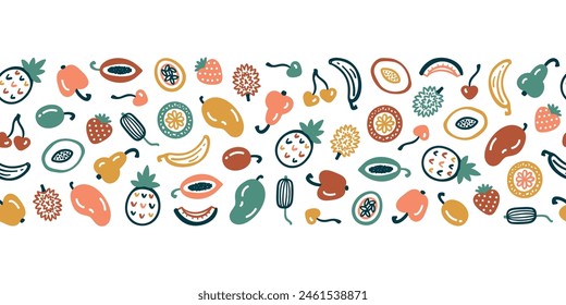 Colorful Mix of Tropical Fruits Horizontal Seamless Border Pattern. Handmade. Hand drawing. Not AI. Vector illustration.