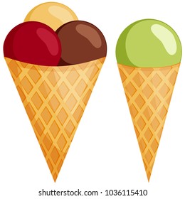 Colorful mixed ball ice cream cone set. Summer comfort fast food vector illustration for gift card, flyer, certificate or banner, icon, logo, patch, sticker