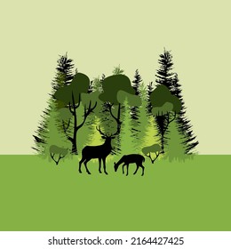 Colorful mixed forest and sihouette of deer. Green deciduous and coniferous trees on green background. Flat design.