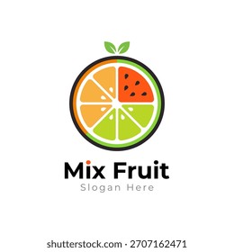 Colorido logotipo de rodajas de frutas mezcladas que combina segmentos de cítricos y sandía. Diseño fresco, moderno y minimalista ideal para marcas de jugos, productos de comida saludable, restaurantes y marketing de estilo de vida orgánico.