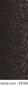 Colorful mixture of different sized small dots in strict grid arrangement to create gradually fading out modern pattern on black base