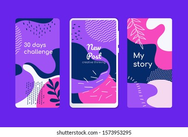 Colorful mobile screen templates - set of modern vector backgrounds. High quality purple, pink, violet wallpapers, stories with textures and blurs, floral elements and abstract shapes in retro style